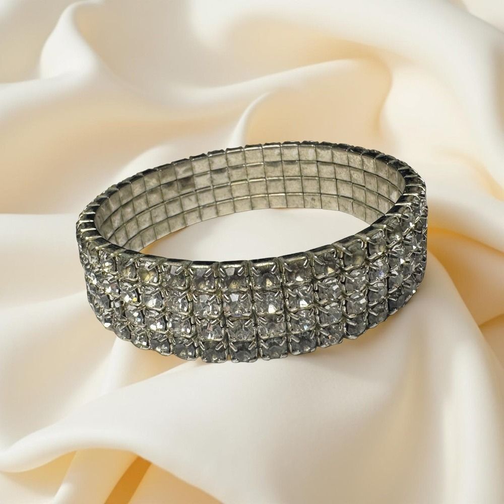 Vintage Rhinestone Stretch Bracelet | 1950s 1960s  Multi Row Statement Jewelry‎
